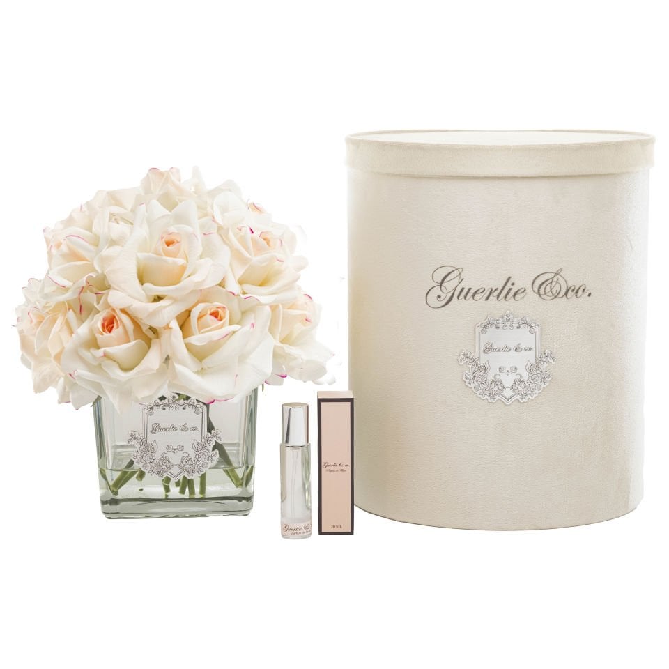 Krem Pembe 15 Gül Kare Cam Gümüş