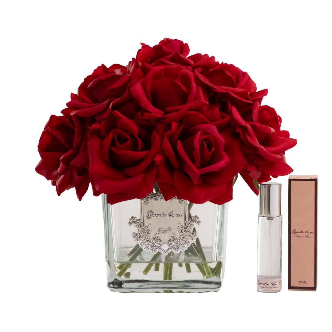 Guerlie&co. Kırmızı 15 Gül Kare Cam Gümüş